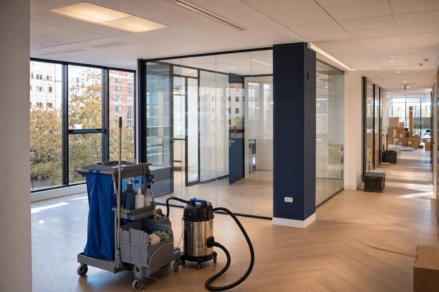 Limpieza de fin de obra en oficinas de Madrid: fases, checklist y presupuesto 6 Planta de oficinas recién reformada en Madrid preparada para la limpieza de fin de obra