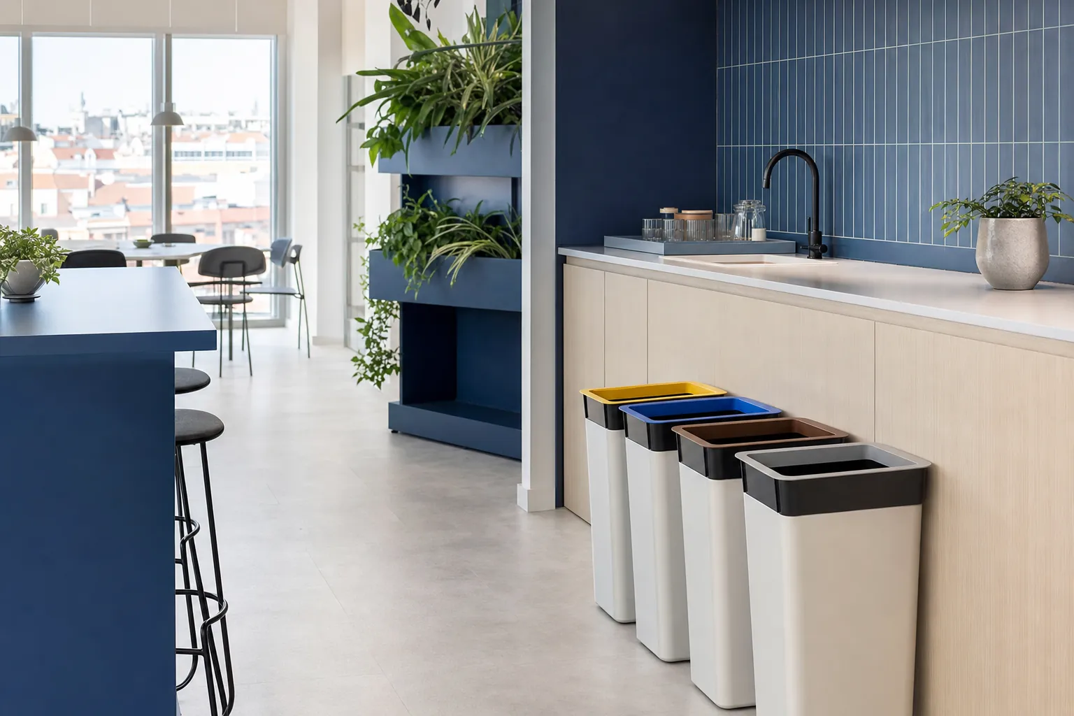 Tasa de basuras de Madrid 2026 en oficinas: cuánto se paga y cómo se calcula 4 Punto de reciclaje con cubos de colores para separar residuos en el office de una oficina de Madrid