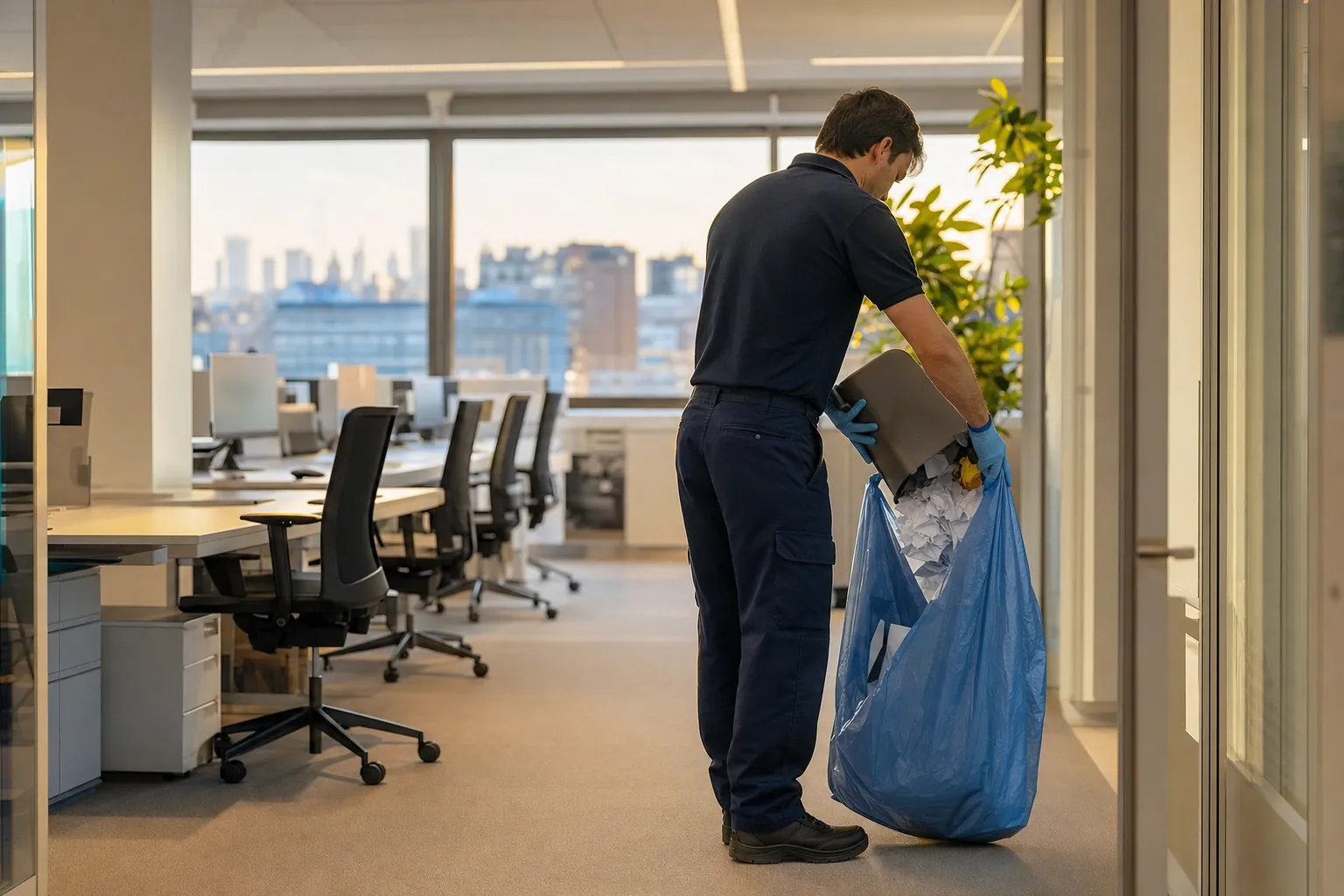 Tasa de basuras de Madrid 2026 en oficinas: cuánto se paga y cómo se calcula 6 Operario de limpieza vaciando una papelera de papel separada en una oficina de Madrid