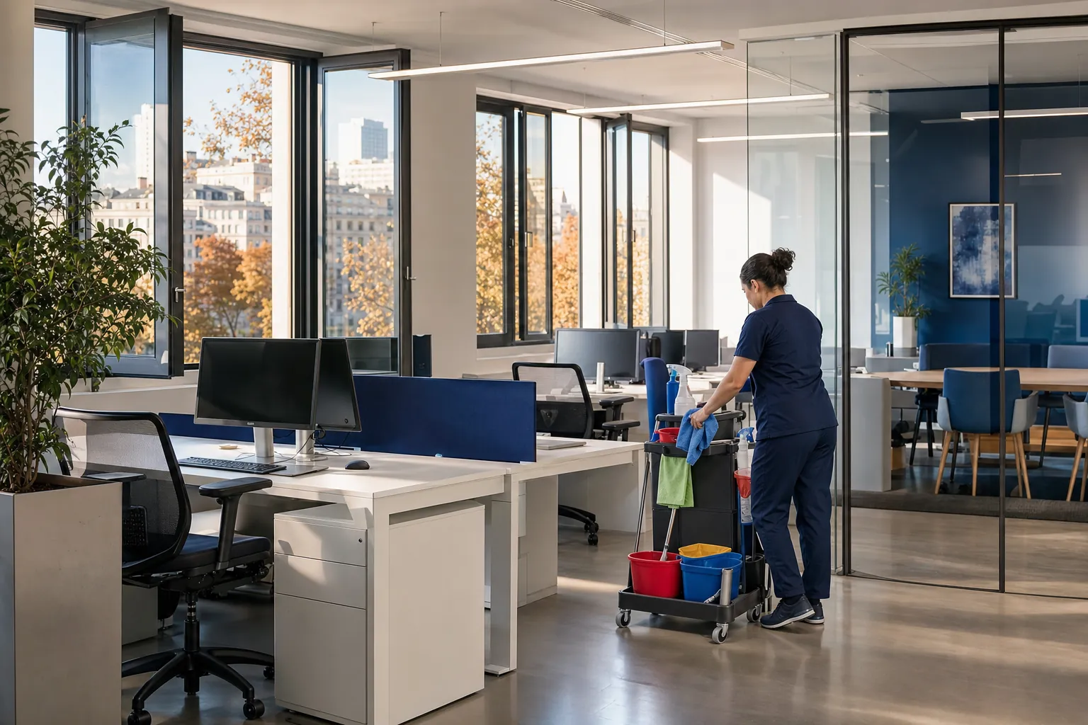 Limpieza y desinfección de oficinas en otoño: cómo frenar los virus respiratorios 6 Oficina diáfana en Madrid con ventanas abiertas y carro de limpieza con bayetas de microfibra